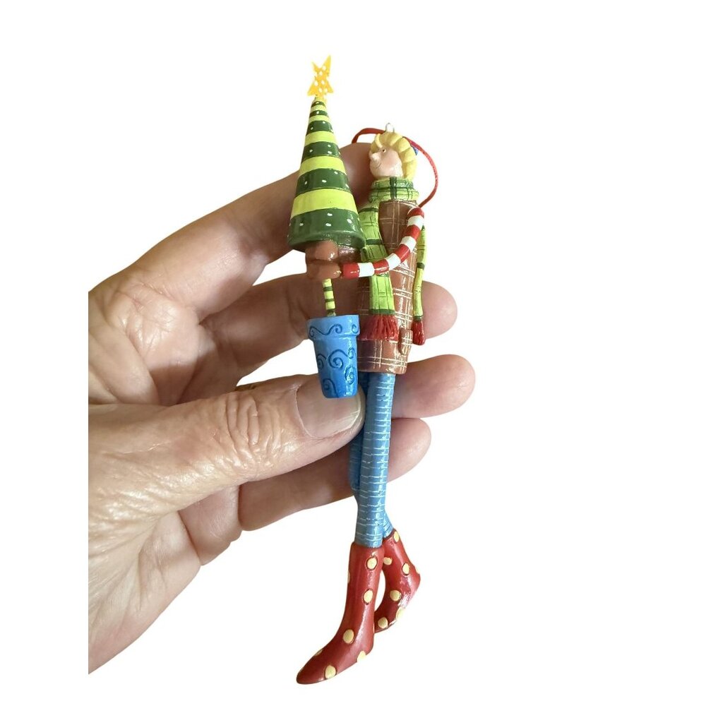Hand-Painted Resin Christmas Ornament Figurine With Tree & Red Boots